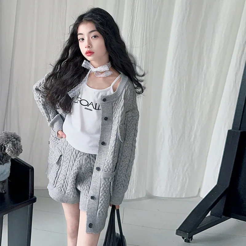 

Autumn Korean Children Girls Two-piece Outfit Junior Girls Pocket Long Sleeves Coat Teenager Girls Short Kid Girls Knitted Sets