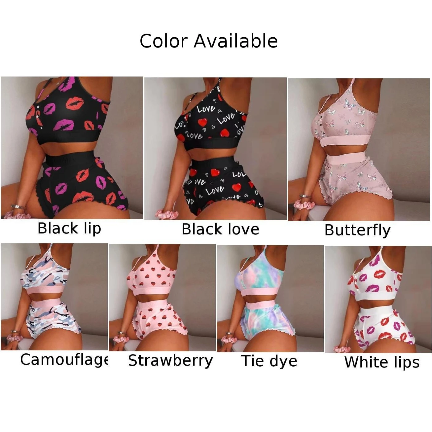 Sexy Women Pajamas Set Fashion Print Bra Hight Cut Top Soft Elasticity Short Sleepwear Thin Breath Nightwear Casual Homewear