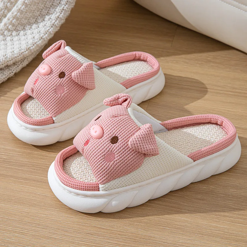 2024 New Pink 3.5cm Fashion Soft Ladies Casual Cute Piggy Pattern Design comode pantofole da casa in lino femminile