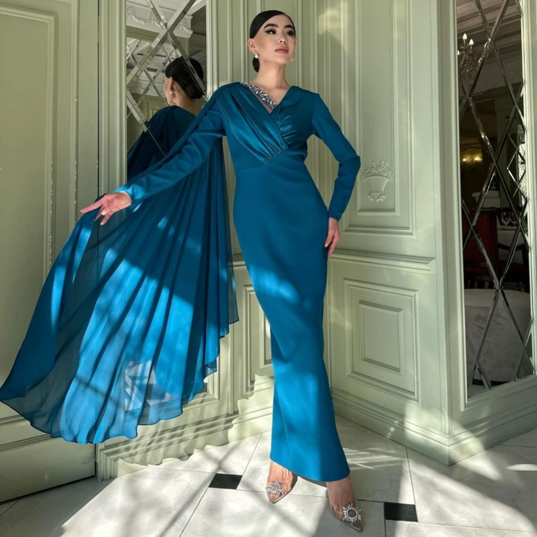 Blueribbon-vestidos de noche con cuello en V y cuentas para mujer, ropa de Arabia Saudita, vestido de graduación de manga larga hasta el tobillo, vestidos de fiesta de cumpleaños