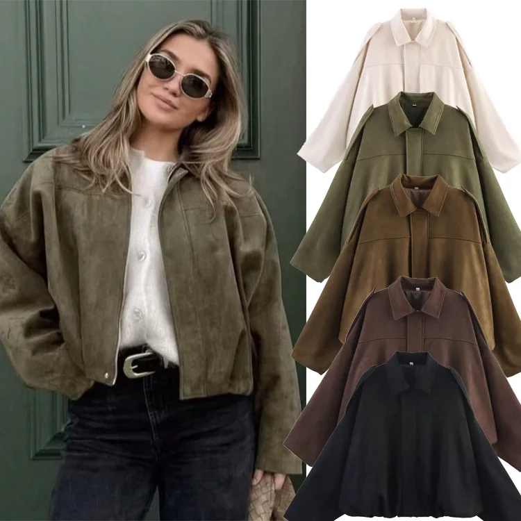 เสื้อโค้ทลำลองผู้หญิงสไตล์ Y2K แจ็คเก็ตสั้นหนังกลับซิป แขนทรงปีกค้างคาว แต่งผ้าต่อผ้า ปกพับได้ ทรงหลวม สตรีทแวร์ ฤดูใบไม้ร่วง 2025