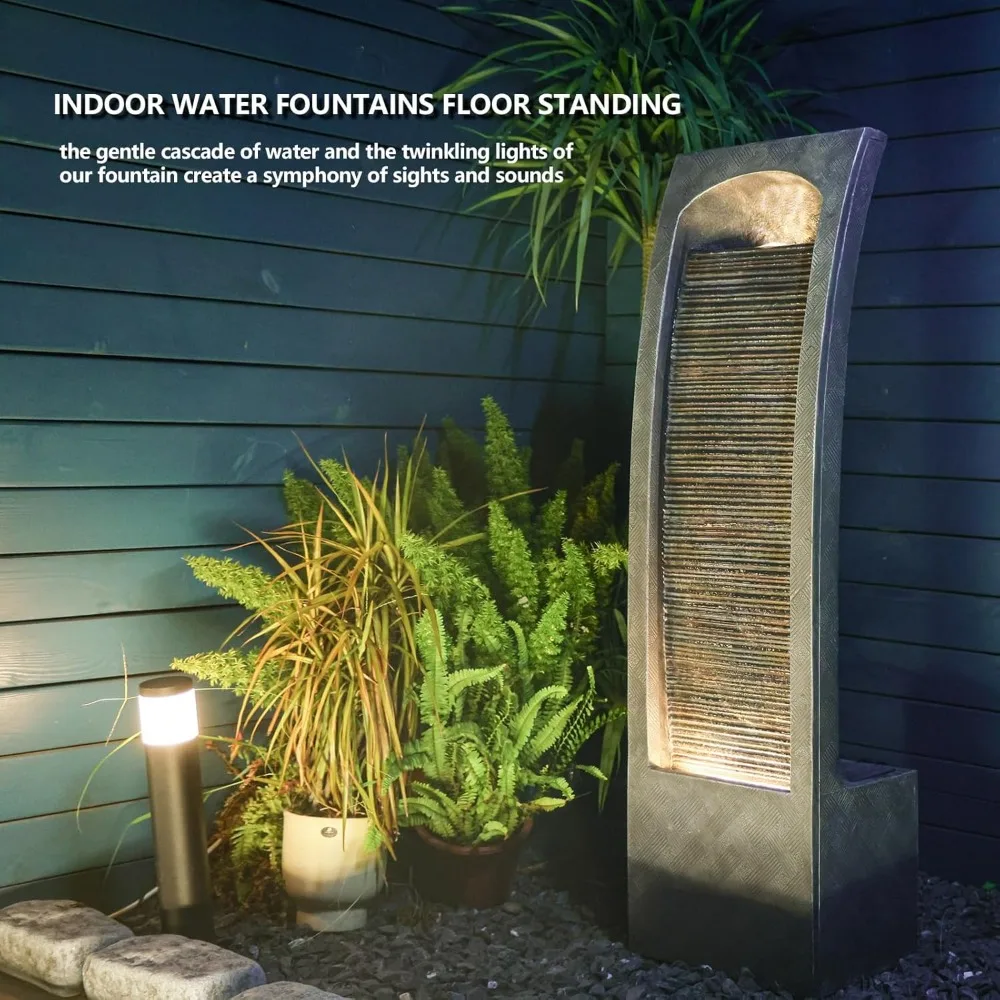 Modern Indoor Water Fountain Curved Faux Slate Waterfall Fountain with LED Lighting, 42.5-Inch Tall Tiered Waterfall Fountain