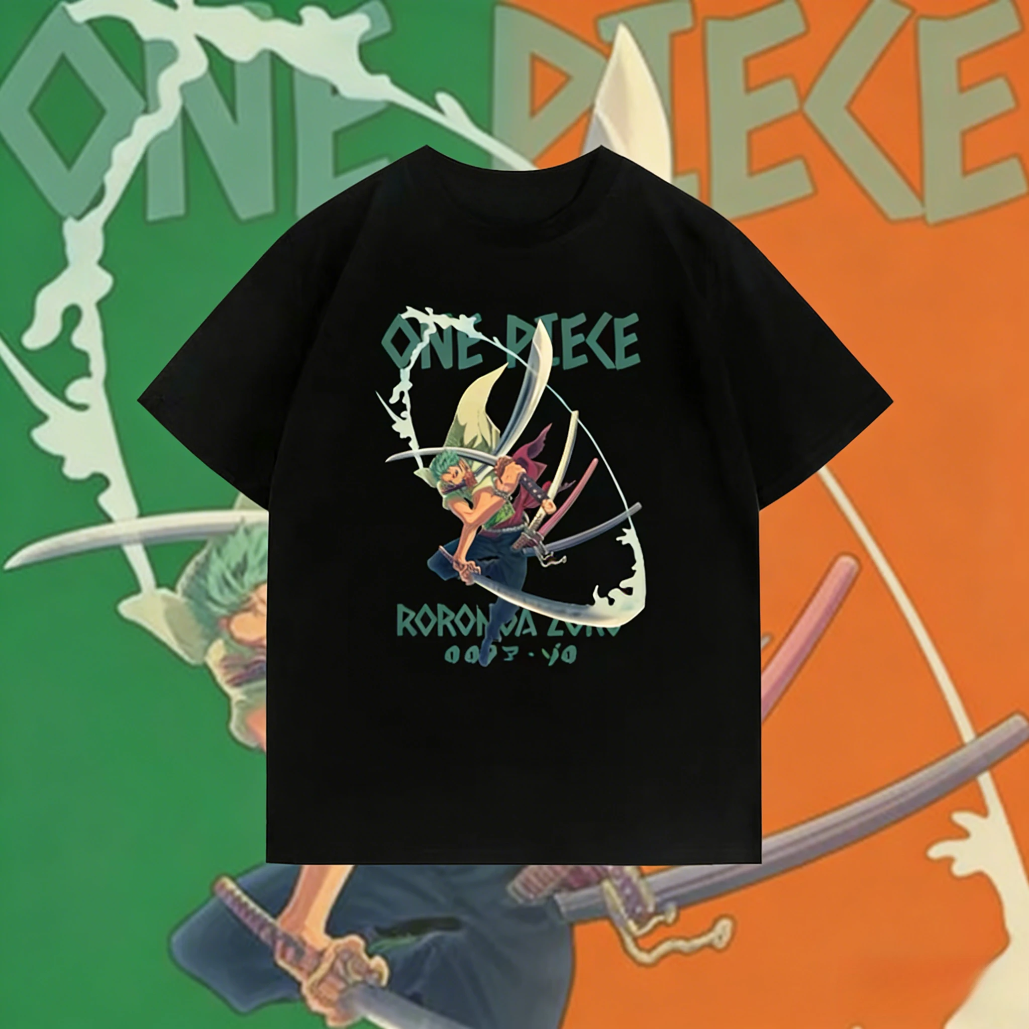 

2026 Summer One Piece Roronoa Zoro Three Sword Style Print T-Shirt, Retro Cotton Loose Oversized Short Sleeve Tee for Adult Kids