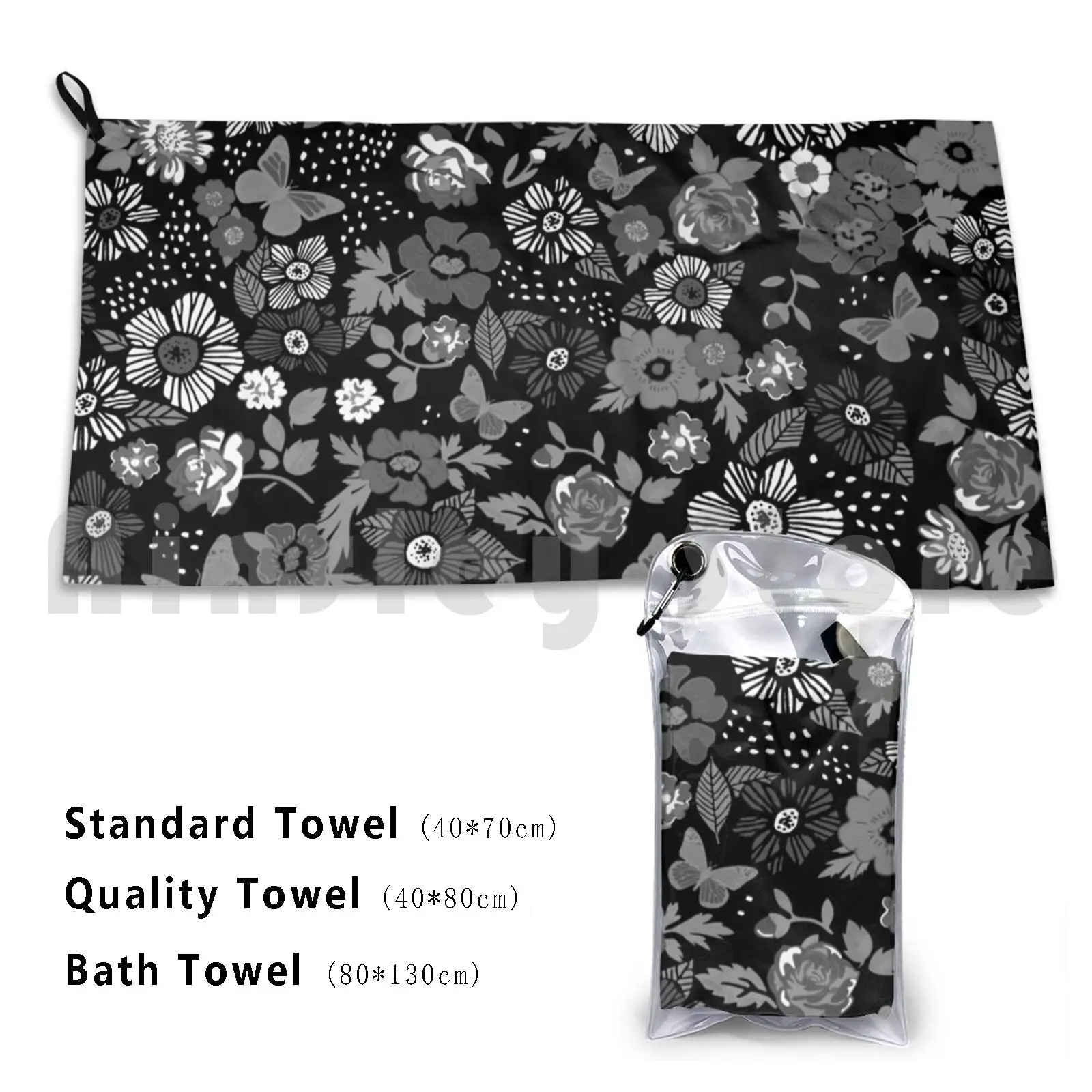 Liberty Flowers And Butterflies Black And Grey Custom Towel Bath Towel Liberty Flower Flowers Nature Pattern