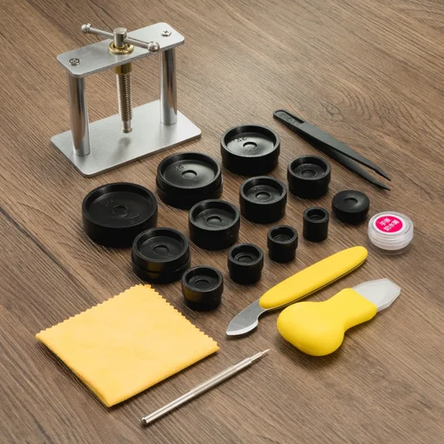Imagen 2 del producto Juego de prensa de reloj profesional, 21 Uds., parte trasera de reloj para herramienta de cierre y troqueles de ajuste, Kit de herramientas de reparación de relojes para relojero