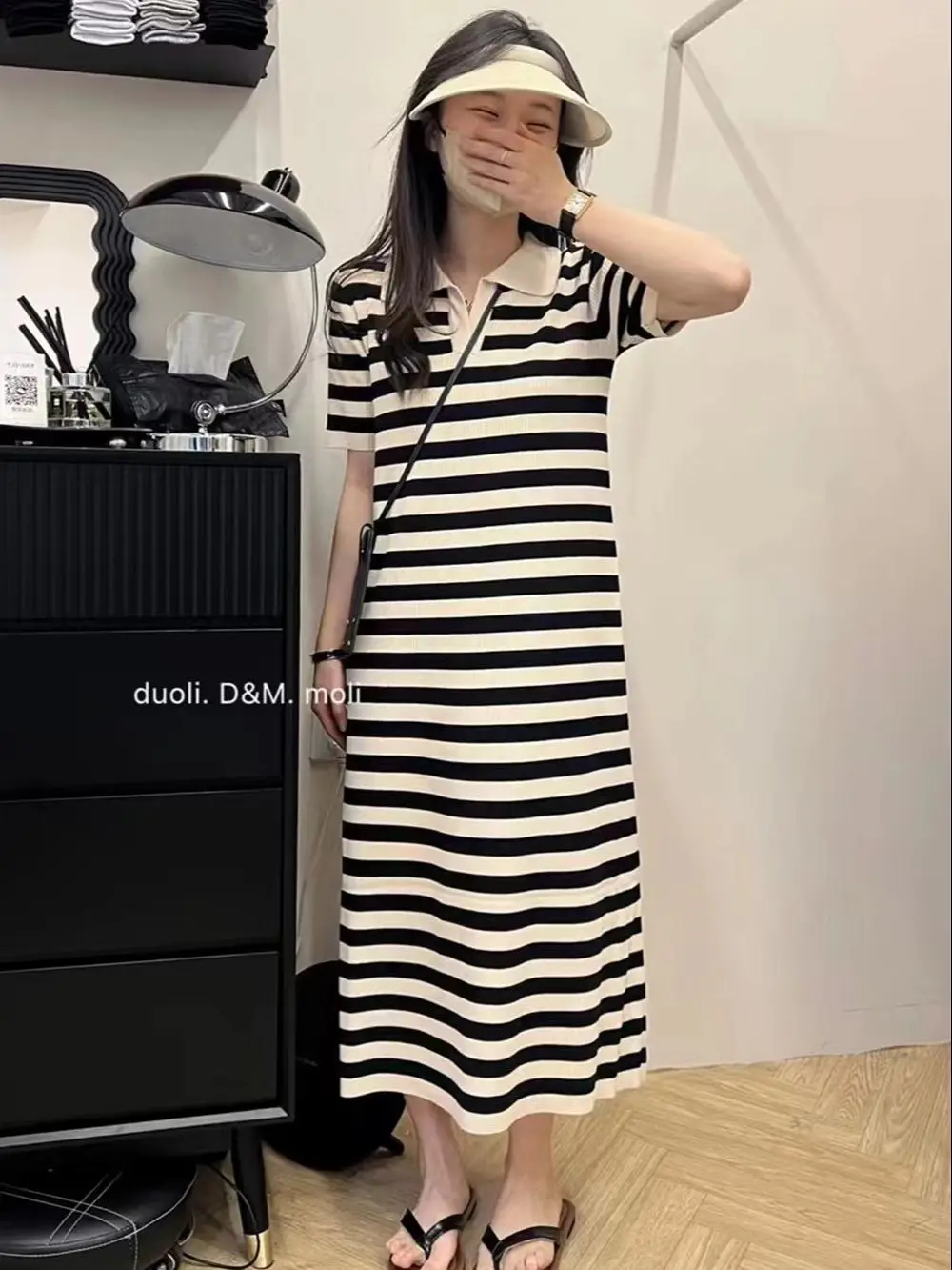 Pregnant Woman Knitting Dress Summer Short Sleeve Turn-down Collar Preppy Style Maternity Straight Dress Loose Casual Clothes