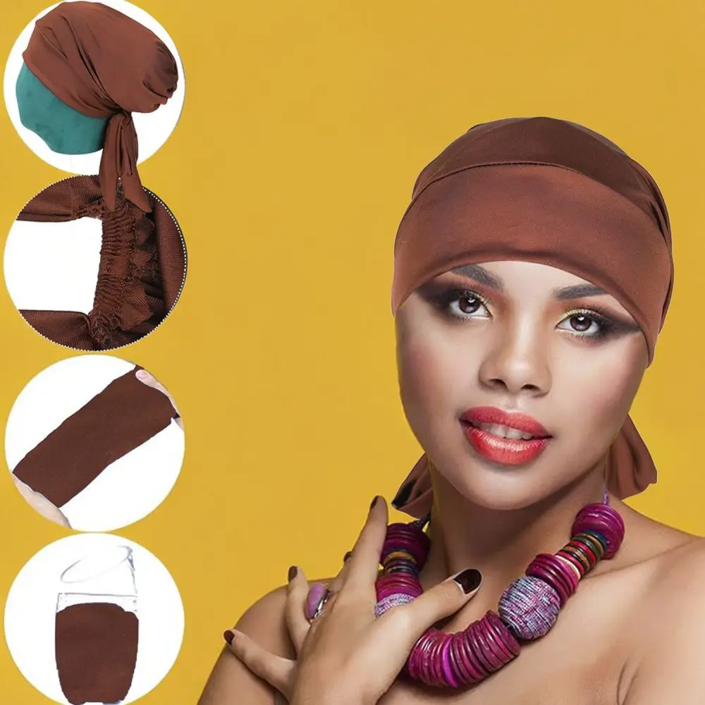 For Musily Women Elastic Turban Hat Long Tail Bowknot Headwrap Breathable Soft Polyester Comfortable Chemo Beanie Cap