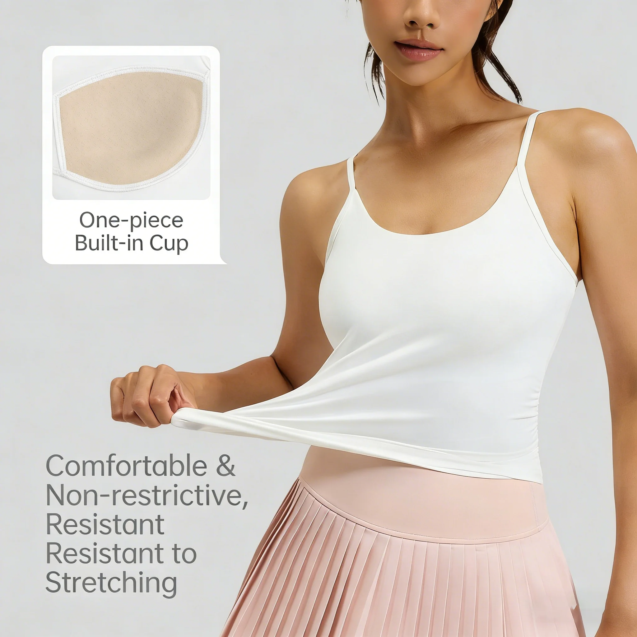 Women's Ruched Waist Yoga Tank Top with Built-in Fixed Pads – High Stretch Polyester Spandex Athletic Cami for Workout