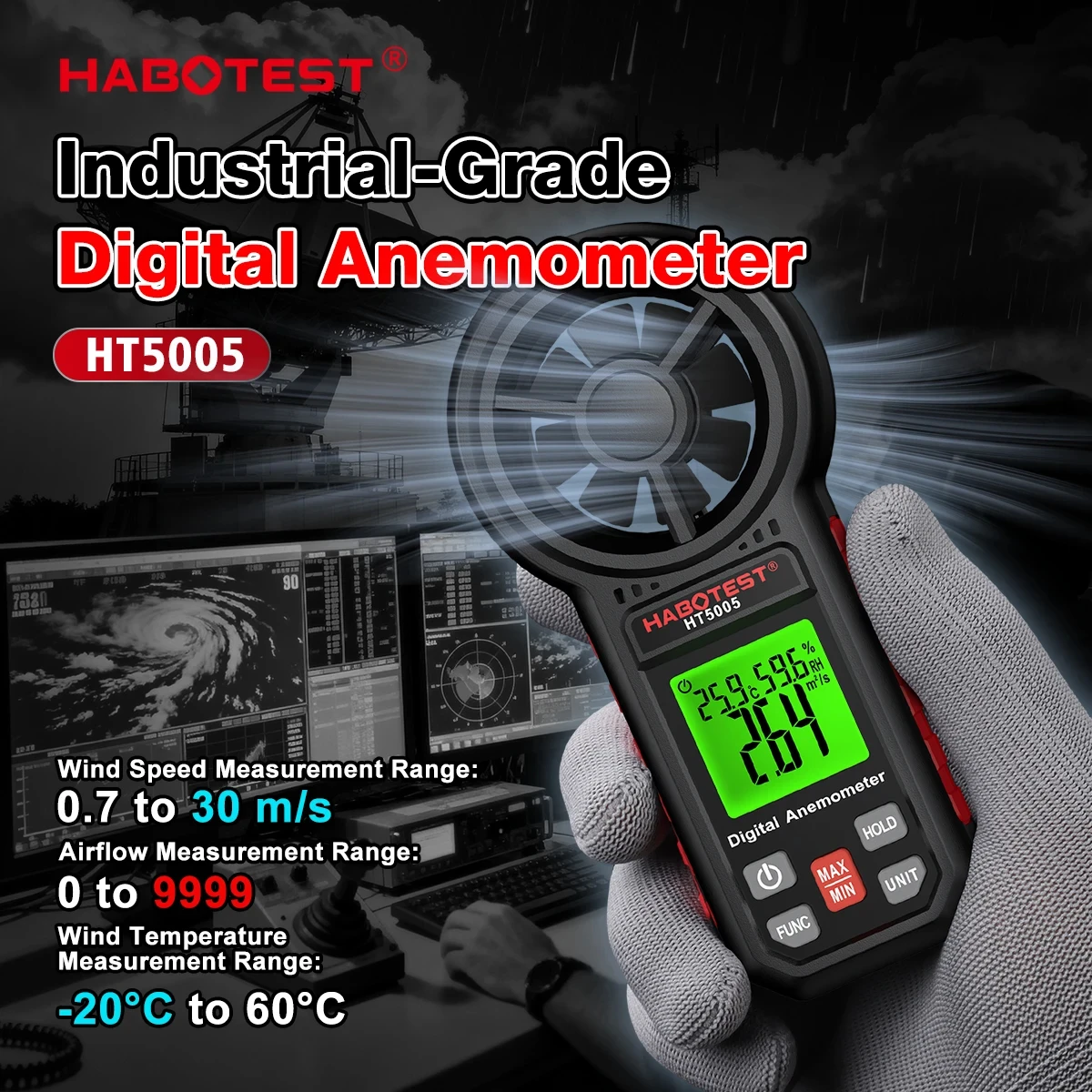 HABOTEST HT5005 Digital Anemometer High-Precision Bear Measures Air Flow Temperature CFM CMM CMS Max Min Data Hold Measur Tool