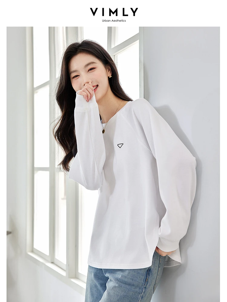 VIMLY Women's White Simple Commuter Long Sleeve T-Shirt Autumn O-Neck Embroidery T-Shirt Casual Comfort Basic Undershirt Tops