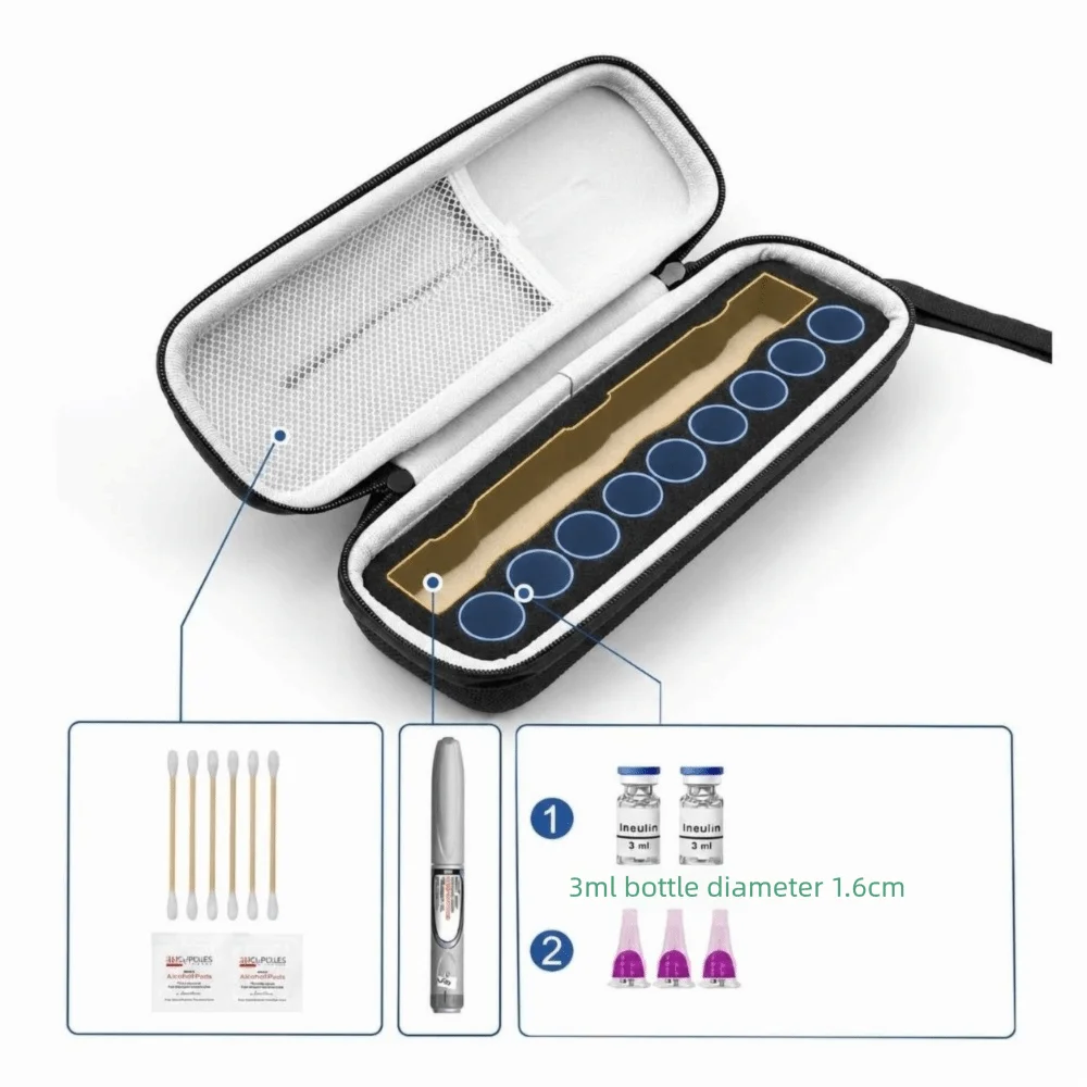 Portable Insulin Vial Storage Box Precut Foam Slot Reusable Insulin Vial Carrying Case Mesh Pocket Peptide Storage Organizer