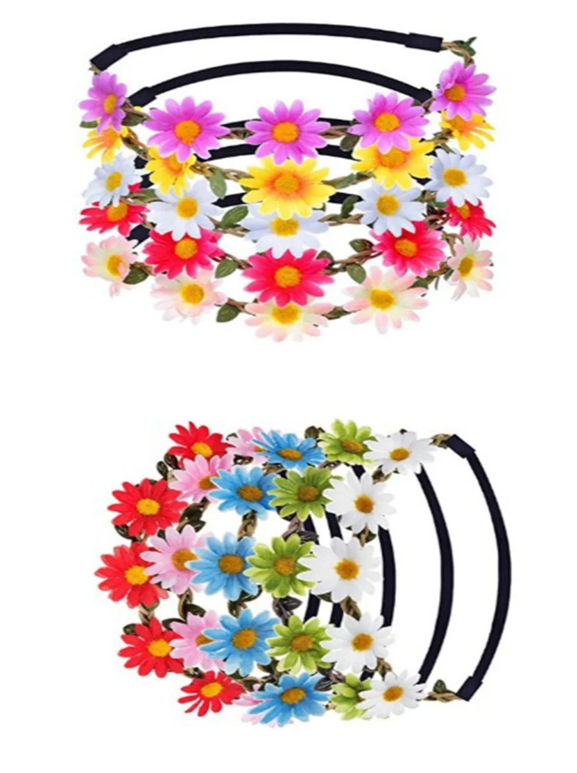 Multicolor Daisy Flower Headband Crown with Adjustable Elastic Ribbon