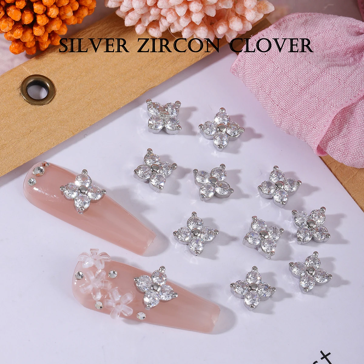 6 pcs Japanese Zircon nail light luxury wind with diamond color four-leaf clover copper with zirconium texture nail decoration