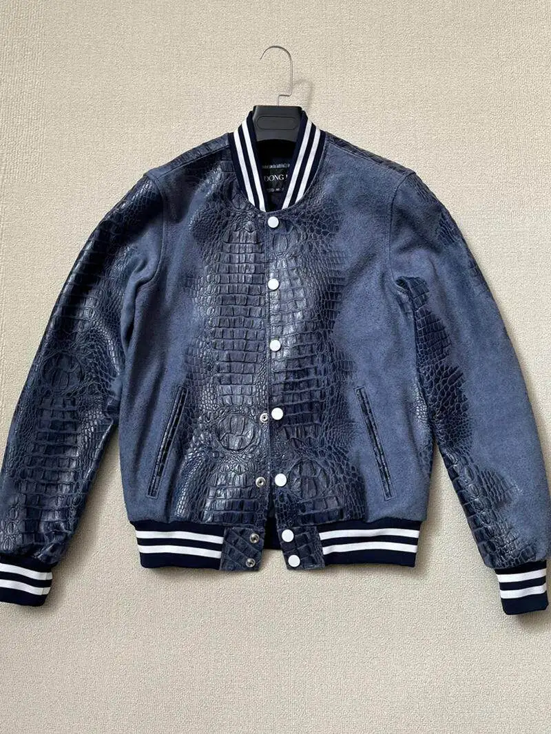 Alligator pattern first layer cowhide leather jacket men's casual pure leather baseball jacket jacket loose