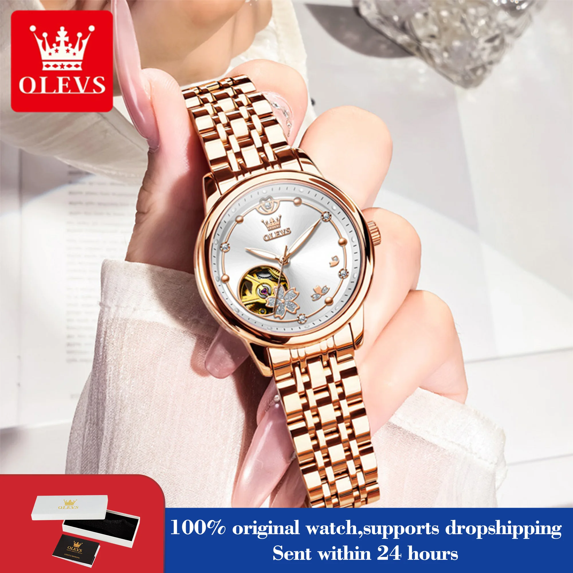 

OLEVS 6732, женские часы, полые автоматические механические часы для женщин, ремешок из нержавеющей стали, роскошные оригинальные водонепроницаемые ручные часы