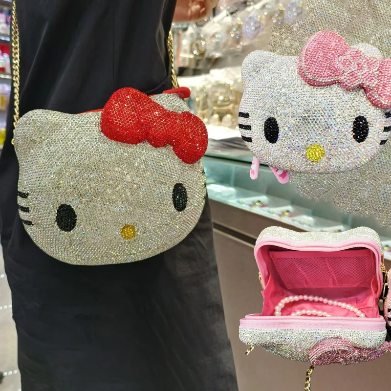 

Hello Kittys Shape Rhinestone Cartoon Full of Diamonds Dinner Bag Anime Cartoon Handmade Diamond-Set Lady's Clutch Girl Gift