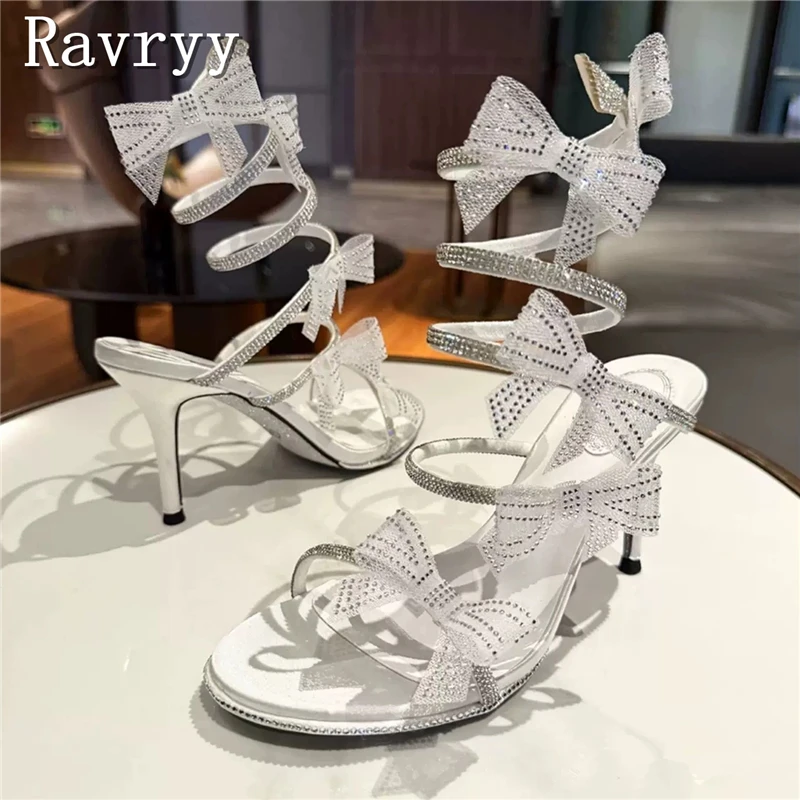 Luxury Rhinestone Bow High Heel Sandals Women Summern New Ankle Wrapped Stiletto Heels Fairy Style Bridal Shoes