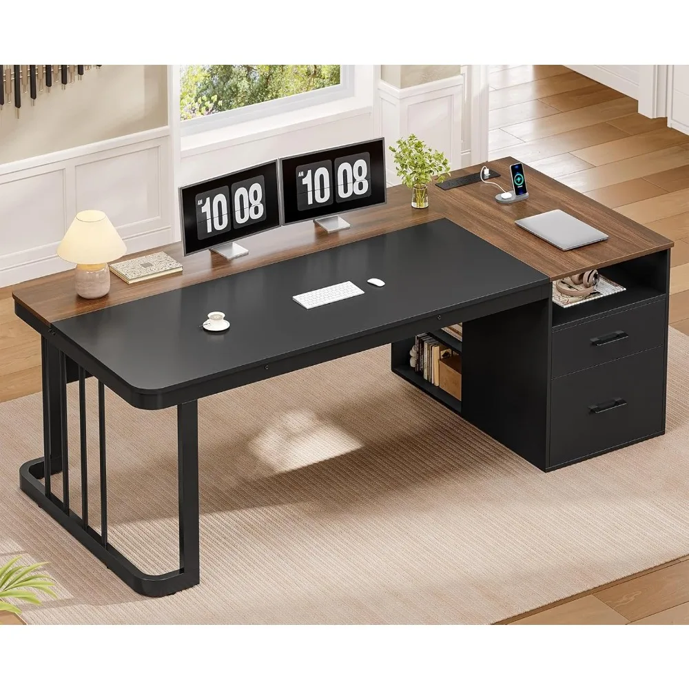 

Стол для руководителей 70,9 дюйма с розеткой, большой офисный стол с ящиками и боковым шкафом для документов, современный длинный компьютерный стол с рекламой