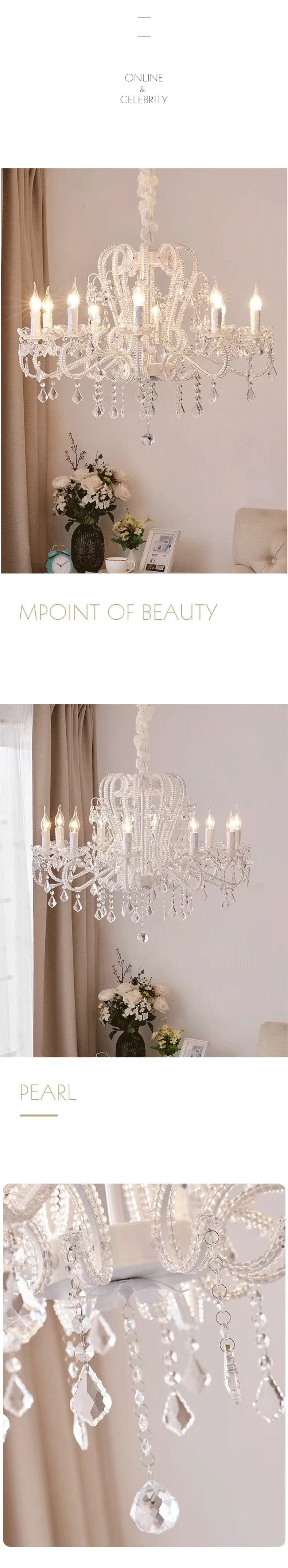 American Crystal Candle E14 Chandelier White Gold Metal