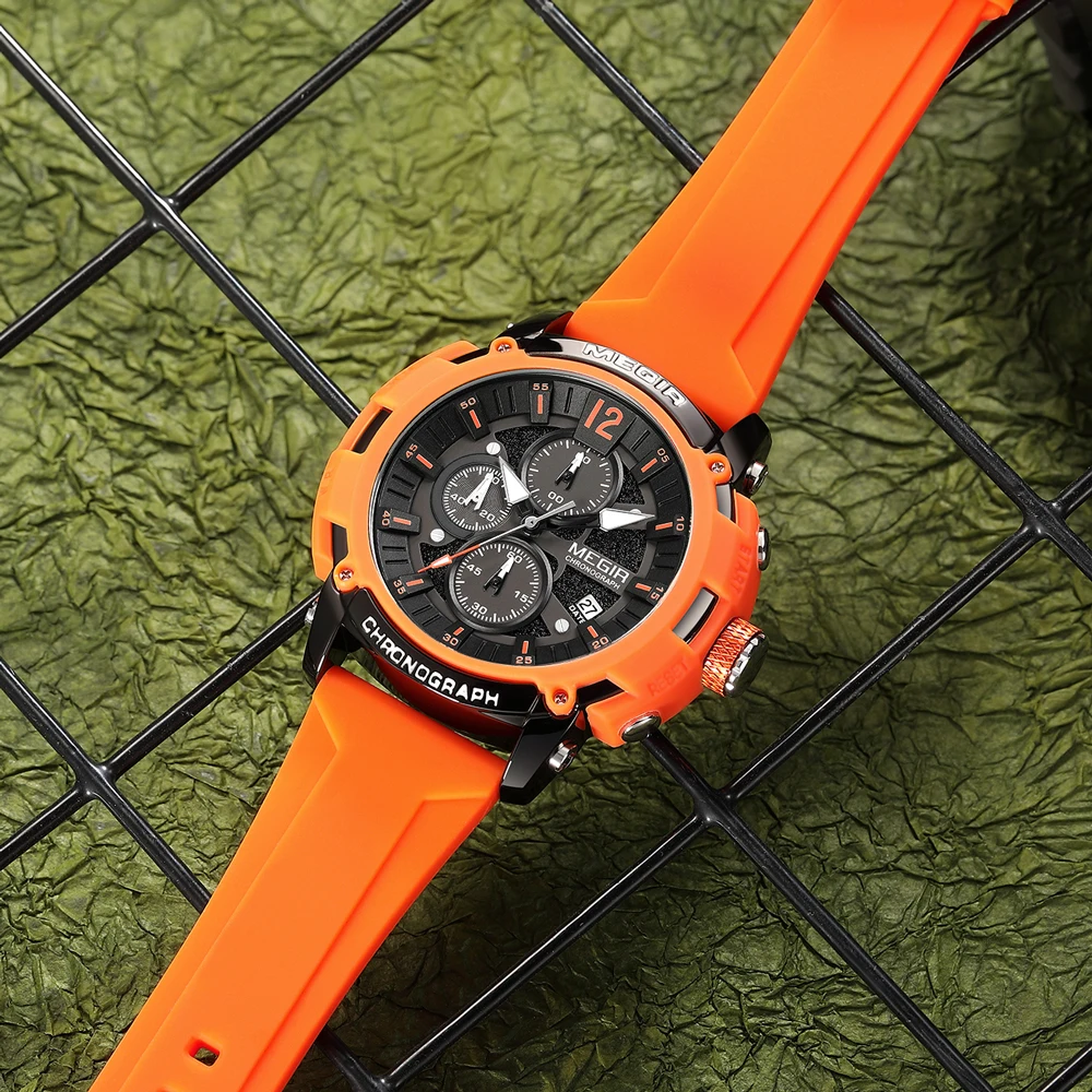 Megir Heren Chronograaf Analoge Quartz Horloge Voor Mannen Met Datum Lichtgevende Handen Oranje Siliconen Band Waterdicht Wristswatch Mannelijke