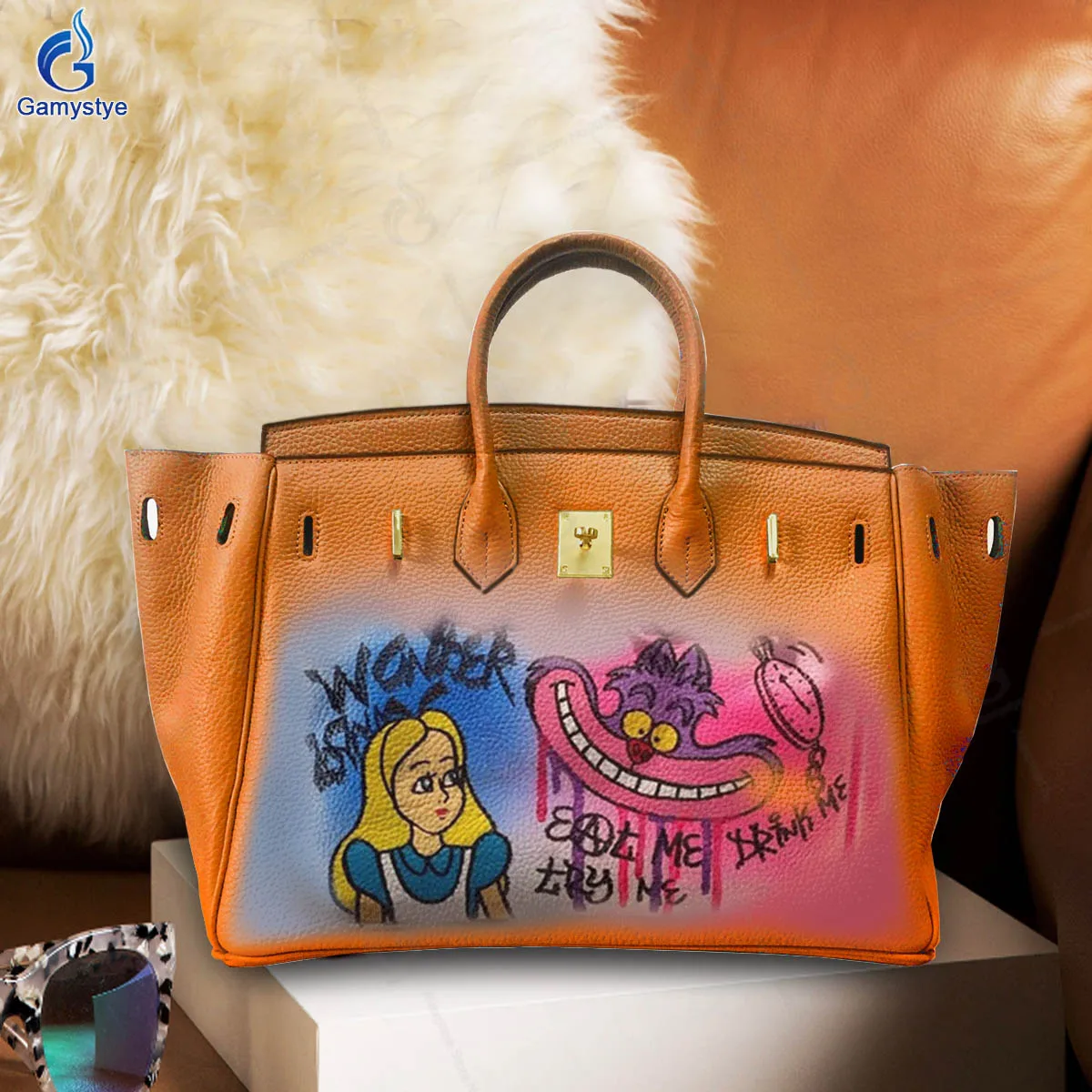 Hand Draw Customize Art Funny little animals and beautiful women Bags Designer Totes Women purses and handbags Genuine Leather