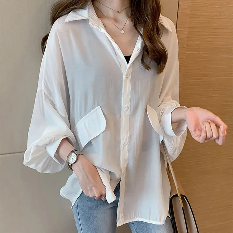 Koreanische lose einfarbige Bluse Frühling Herbst neuer Turn-Down-Kragen lässig einreihig Patchwork Frauen pendeln Midi-Shirt