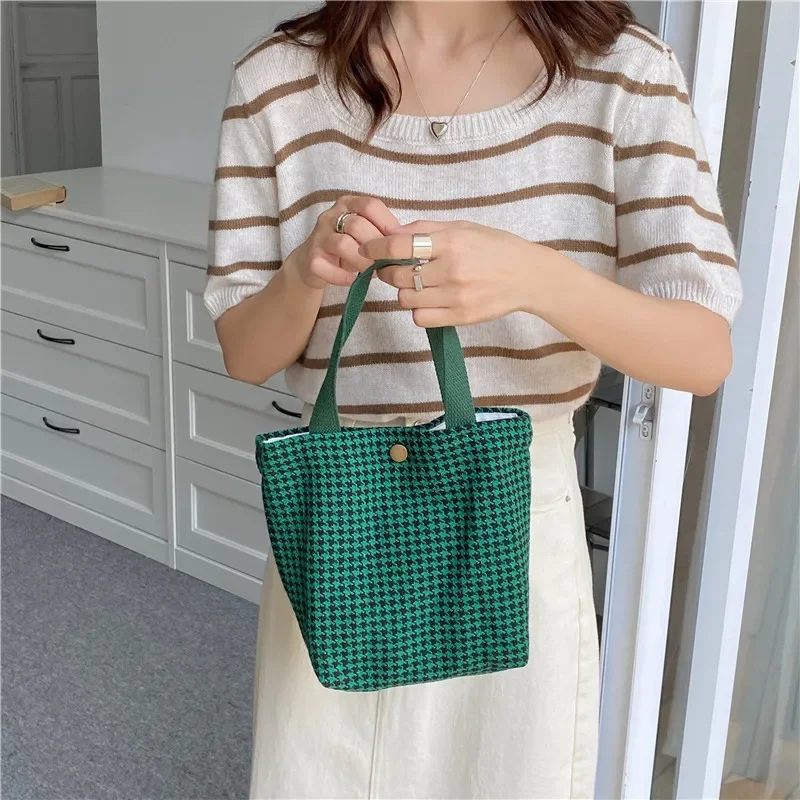 Retro Plaid Women Woolen Shoulder Bag Houndstooth Handbags Student Girl Lunch Bento Bags Hand Carrying Female Cloth Shopping Bag