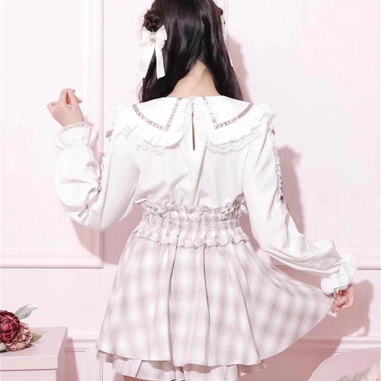 

Noemi Sweet Lace Trim Long Sve irt New Arrival ELAKE Brand Polyester Fiber Straight Cut Lightweight Daily Wear for Girls