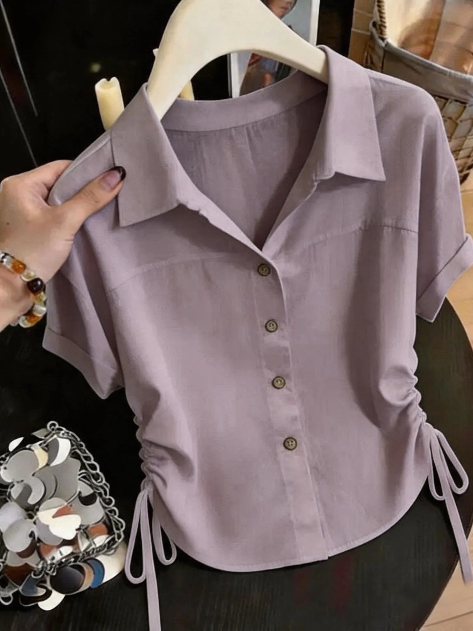 Summer 2026 Women's Yellow Short Sleeve Shirt Stand Collar Gathered Waist Slimming Top Versatile  Design Breathable Polye...