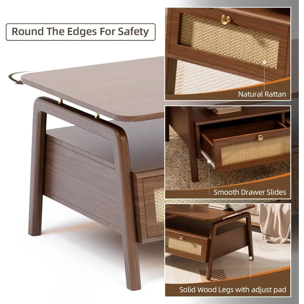 Meja Kopi Modern Abad Pertengahan dengan 4 Laci Rotan, Meja Kopi untuk Ruang Tamu, Nyaman untuk Makan, Bermain Game, atau Bekerja