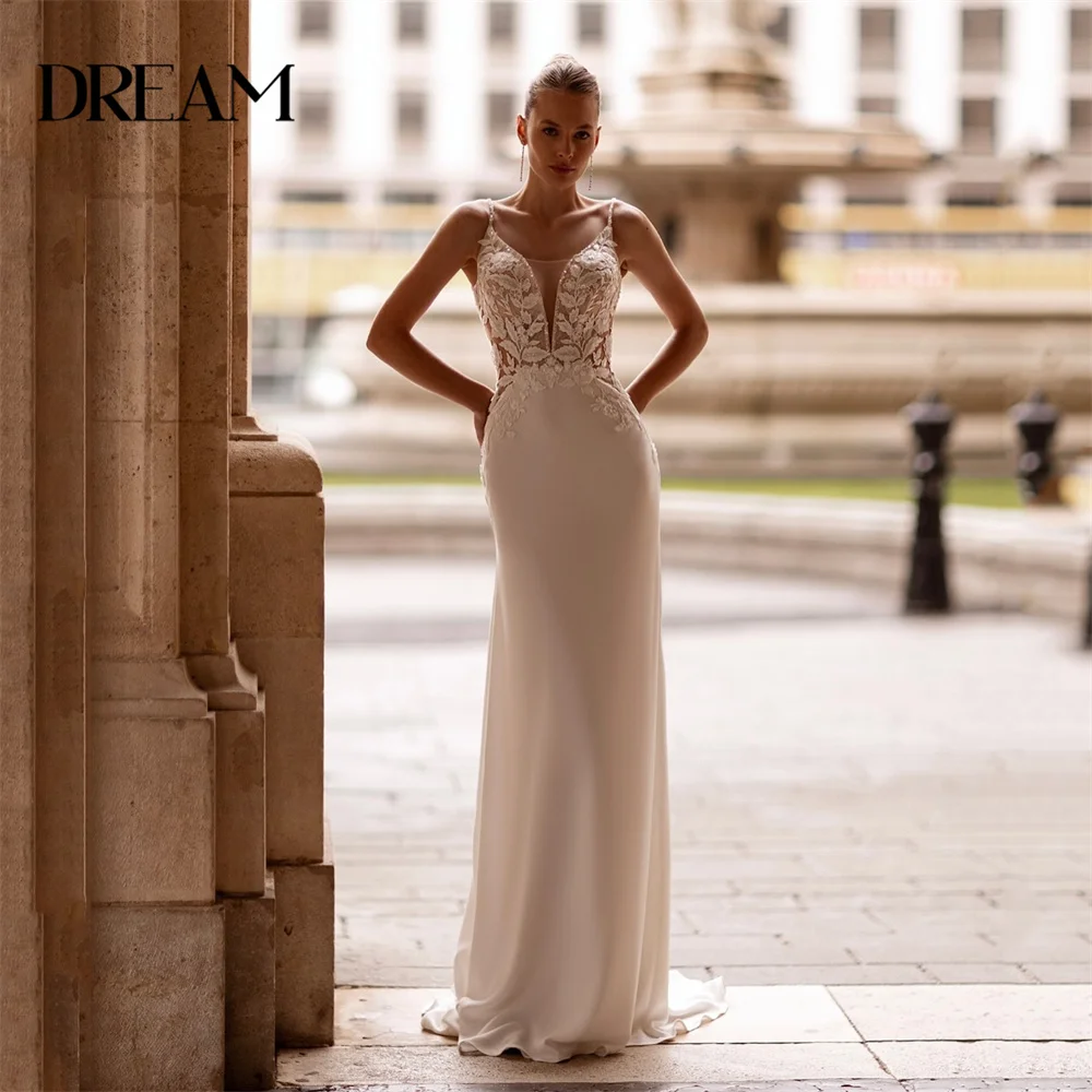 

Modern Lace Mermaid Wedding Dress V-Neck Spaghetti Straps Open Back Applique Sleeveless Bridal Gown Vestidos De Novia Customized