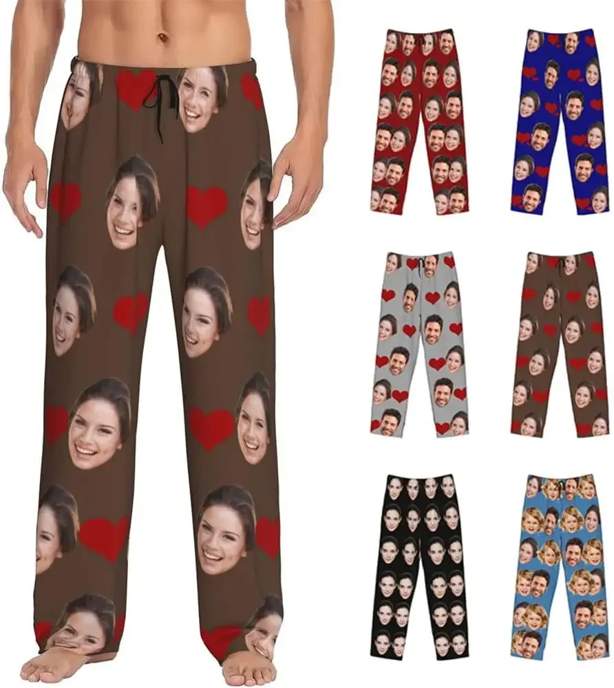 Custom Face Couples Matching Pajamas Long Pants Summer Sleep Pant Women Elastic Waistband Sleep Lounge Bottoms with Pockets