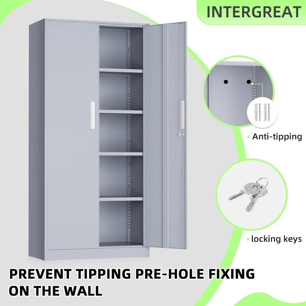 Gabinete de almacenamiento de garaje de metal, puertas con cerraduras y estantes ajustables, almacenamiento alto, gabinete de herramientas de acero resistente para el hogar