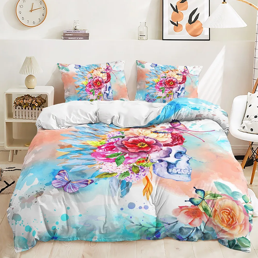 

Brow Skull Skeleton Bedding Set, Halloween Decor,Duvet Cover,Queen Size,Luxury,Soft Bedding,Comforter Cover,Rose, Death Skull
