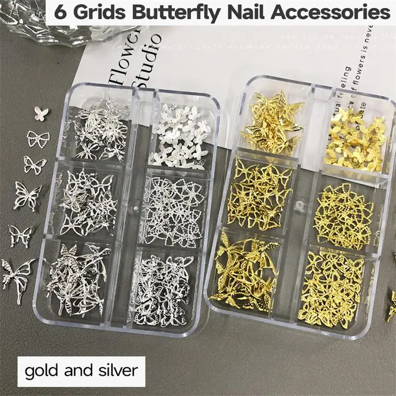 6 grilles 3D Rivet papillons Vintage Style européen décors d'ongles or/argent creux papillon Nail Art bricolage scintillant ongles Accents *