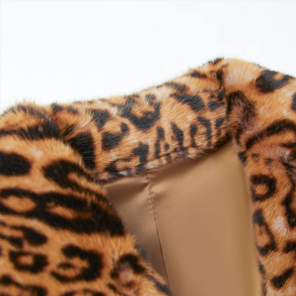 New Loose Artificial Fur Leopard Pattern Fur Women\'s Coat Long Polo Neck Belt Waist Wrapped Winter Warm Windbreaker