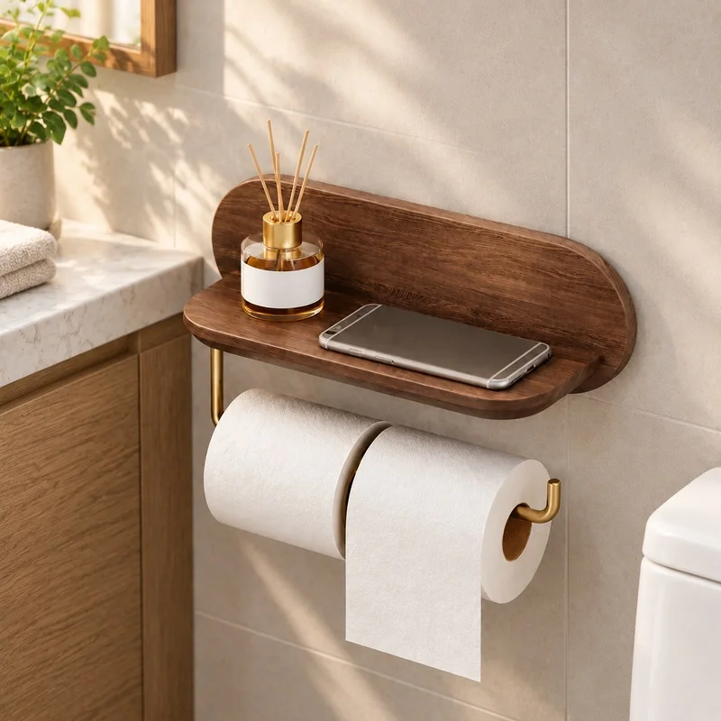Bathroom Tissue Holder and Paper Towel Organizer Crafted from Walnut Wood, Wall-Mounted Design for Neat Storage