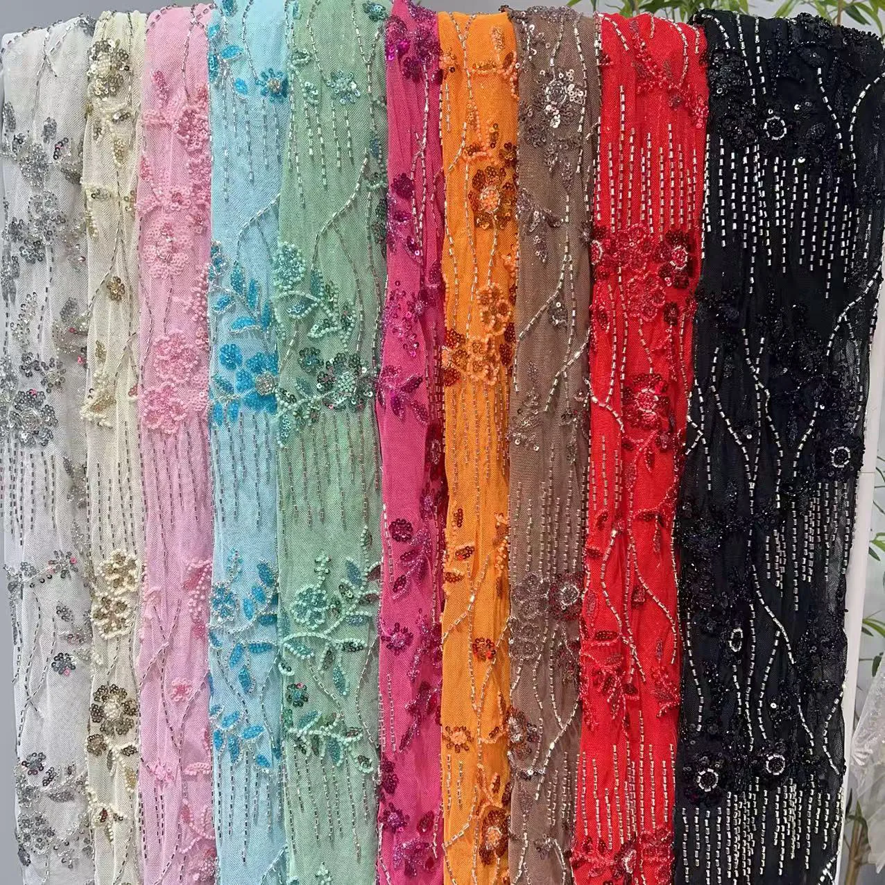 

10 Colors Beaded Embroidered Floral Material Accessories Evening Party Gown Sequin Tube Mesh Wedding Dress Floral Fabric