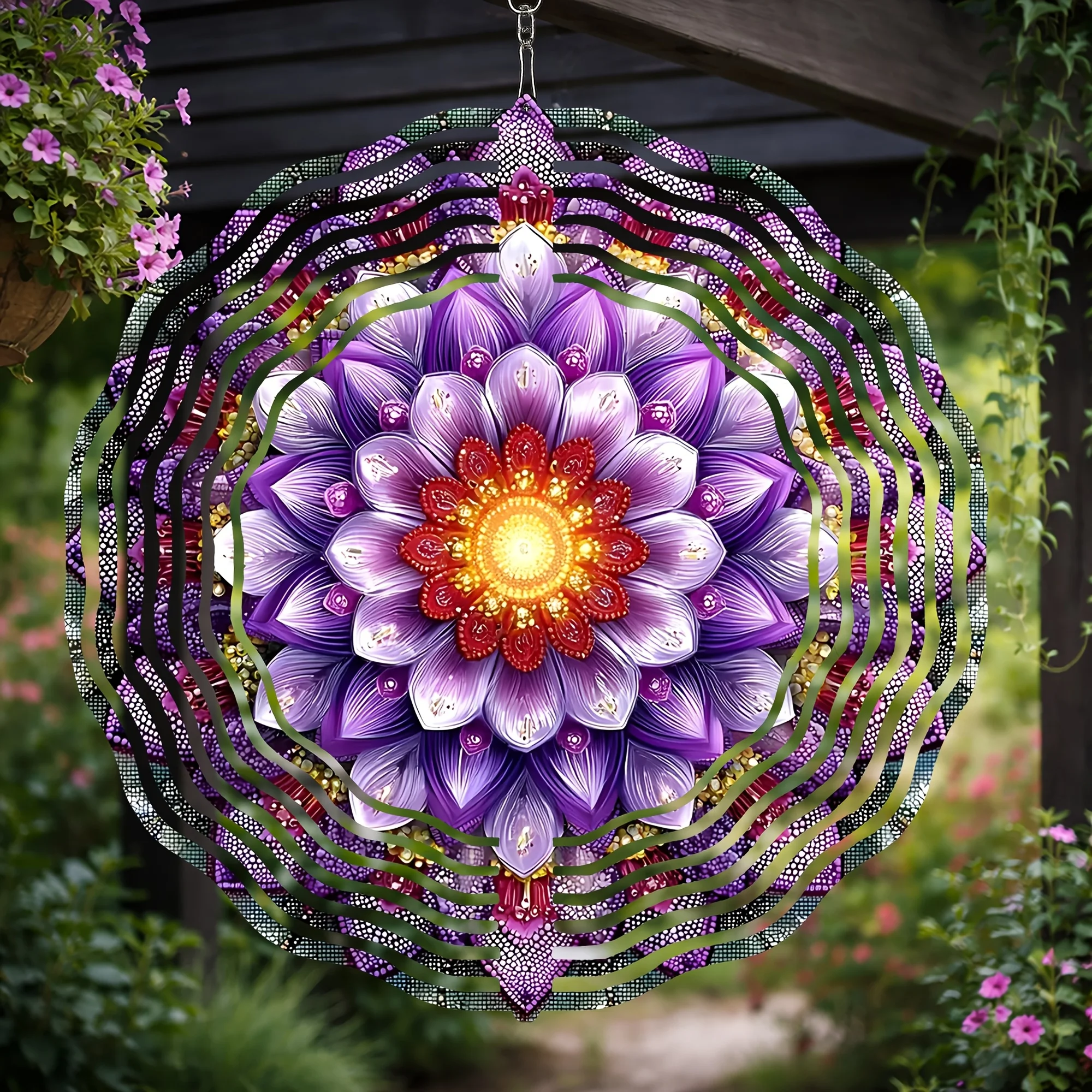 3D Colorful Mandala Flower Wind Chime - 360 Swivel Hook Purple Red Yellow Geometric Art for Garden Patio Balcony Gift