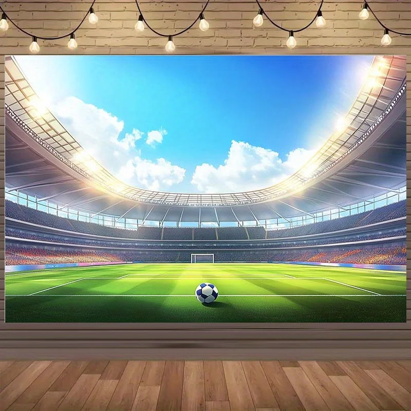Sunlit Football Field Tapestry, Lush Green Stadium with Soccer Ball on Center Line Print Wall Hanging for Teen Bedroom Decor
