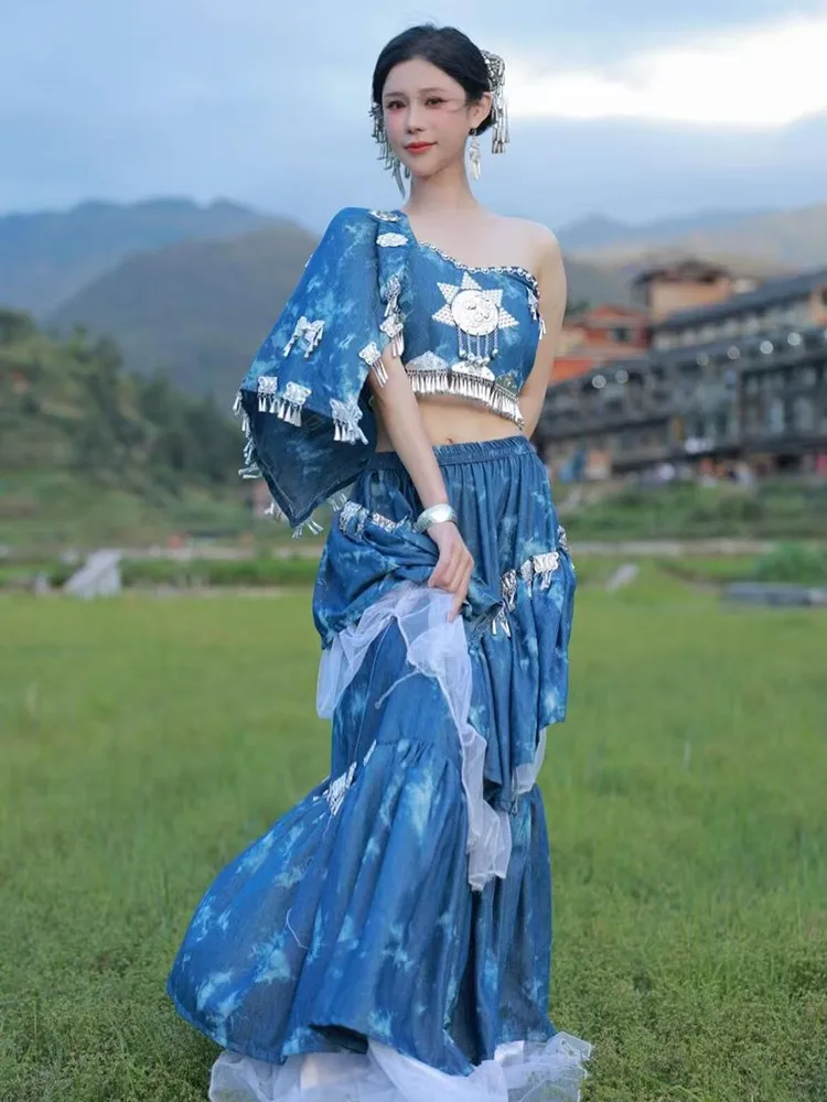 Ethnic costume women's tie-dyed single-shoulder strapless top long dress style performance travel photography