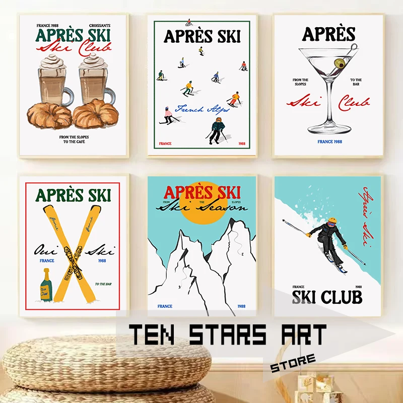 Après Ski Print French Apres Skiing Wall Art Ski Cabin Winter Poster Canvas Painting Après Cafe Aesthetic Wall Decor Art Prints