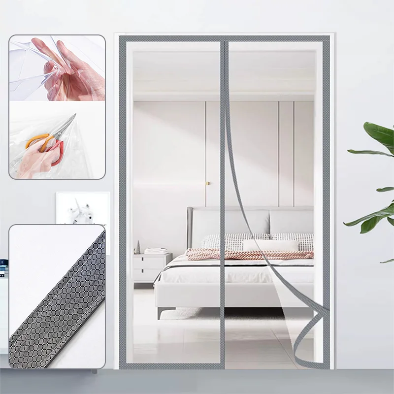 Grey self-adhesive air conditioning door curtain, bedroom windproof and warm transparent film, kitchen fume partition curtain