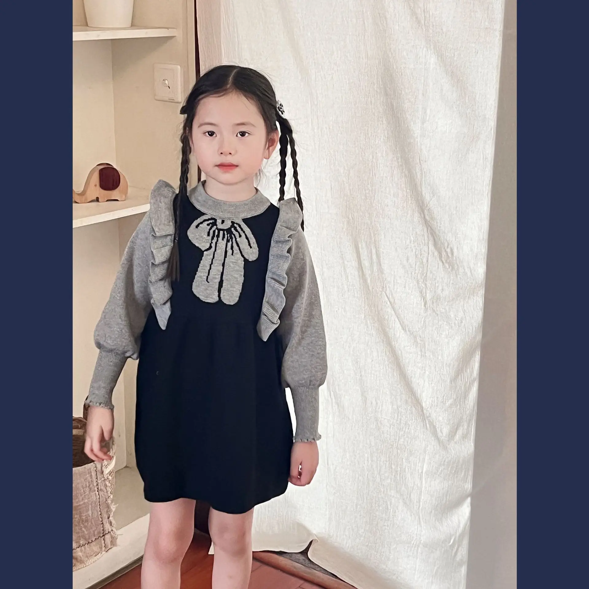 Korean children clothing girls sweater dress 2024 autumn and winter new foreign style fungus edge bow knitted princess dress