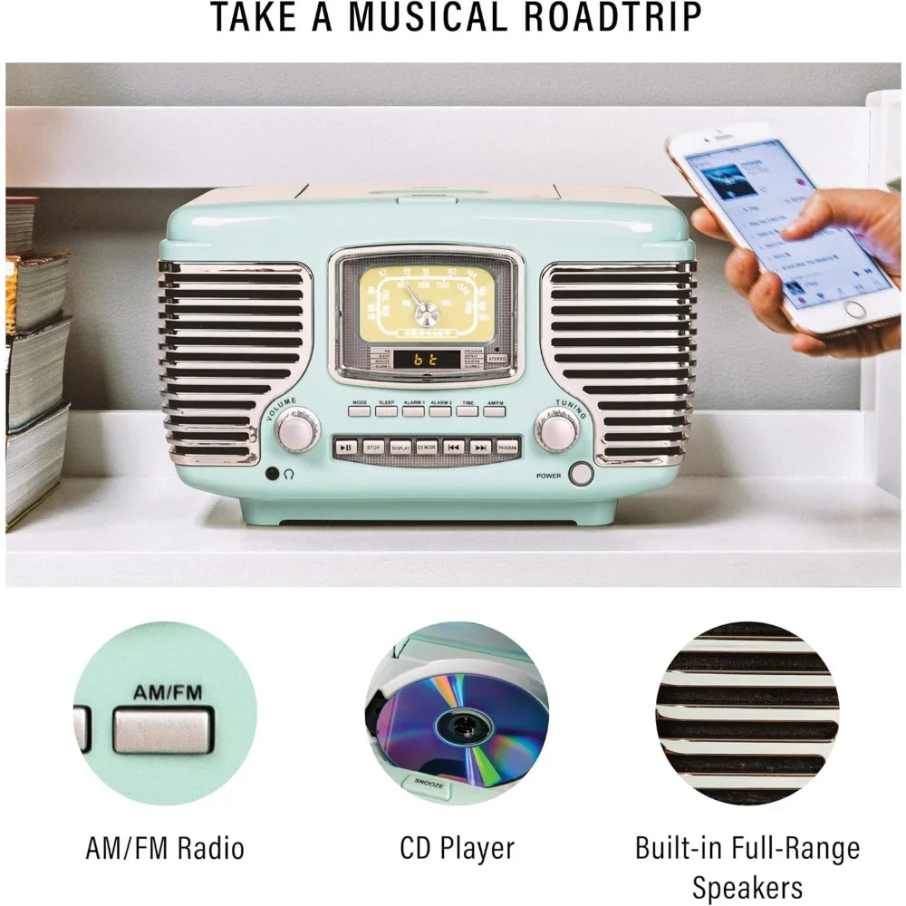 مشغل أقراص مضغوطة Aqua Blue Crosley Corsair مع راديو AM/FM وساعة منبه مزدوجة وراديو بلوتوث على سطح الطاولة