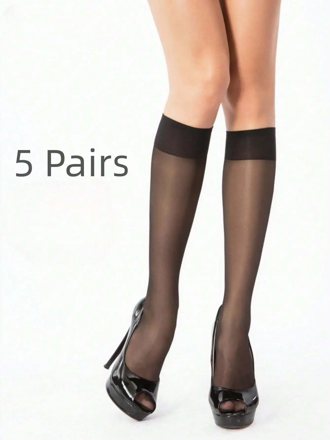 

5 Pairs Women's Sheer Black Knee-High Stockings, Soft Nylon, Daily Wear & Fashionable