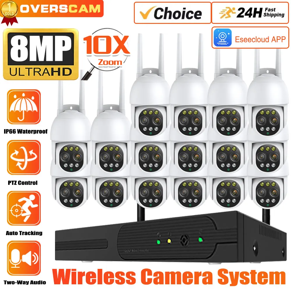 Smart 16CH WiFi NVR Kit 8MP Dual Lens 10X Zoom WiFi Security IP Camera Outdoor Wirless CCTV Surveillance System Motion Detection