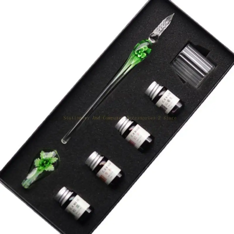 7PCS/SET Handmade Floral Glass Pen Dip Writing Pens Set for School