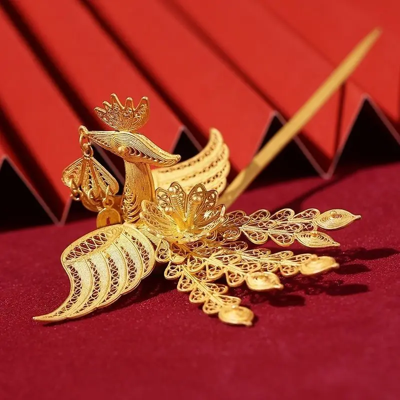 Chinese Traditional Lucky Phoenix Hairpin Gold Plated Pure Copper Filigree Hanfu Hair Accessory Ancient Oriental Auspicious Hair