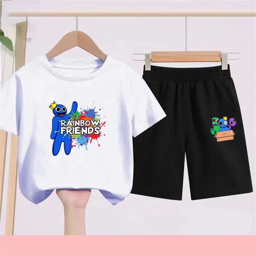 Summer Short Sleeve Children's T-shirt Set Sports Fashion Boys Girls Shorts Set Casual Rainbow Friends Print Kid Set Outfits